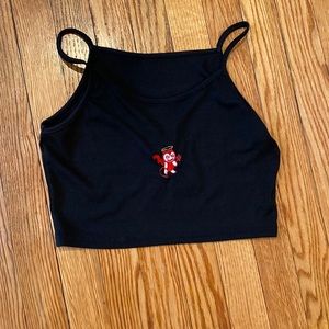 Black soft crop top with cartoon devil design
